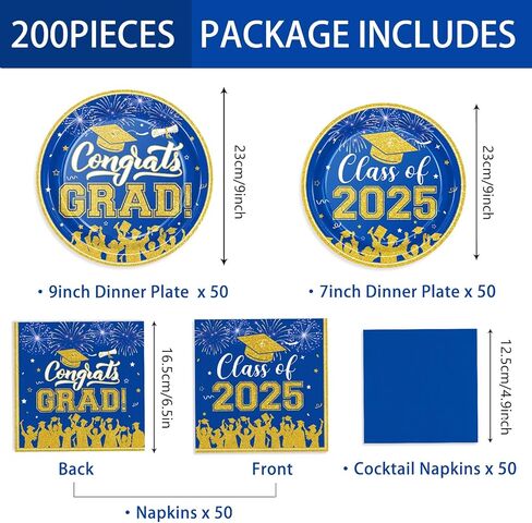 لوحات ومناديل التخرج 2024 ديكورات التخرج فئة 2024 أطباق ورقية فضية زرقاء مناديل كوكتيل للتهاني، ديكورات حفلات التخرج للاستعمال مرة واحدة تخدم 50 من لوازم حفلات التخرج in Kuwait