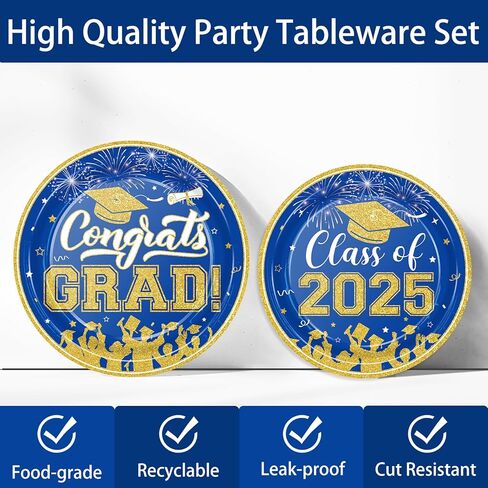 لوحات ومناديل التخرج 2024 ديكورات التخرج فئة 2024 أطباق ورقية فضية زرقاء مناديل كوكتيل للتهاني، ديكورات حفلات التخرج للاستعمال مرة واحدة تخدم 50 من لوازم حفلات التخرج in Kuwait