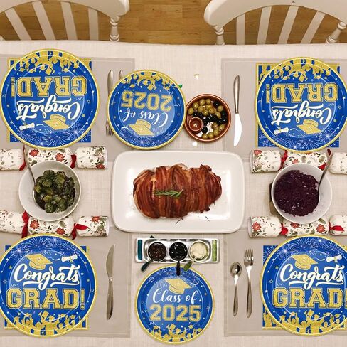 لوحات ومناديل التخرج 2024 ديكورات التخرج فئة 2024 أطباق ورقية فضية زرقاء مناديل كوكتيل للتهاني، ديكورات حفلات التخرج للاستعمال مرة واحدة تخدم 50 من لوازم حفلات التخرج in Kuwait