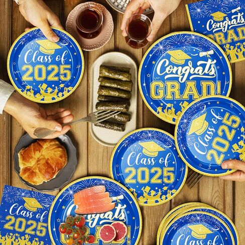 لوحات ومناديل التخرج 2024 ديكورات التخرج فئة 2024 أطباق ورقية فضية زرقاء مناديل كوكتيل للتهاني، ديكورات حفلات التخرج للاستعمال مرة واحدة تخدم 50 من لوازم حفلات التخرج in Kuwait