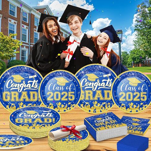 لوحات ومناديل التخرج 2024 ديكورات التخرج فئة 2024 أطباق ورقية فضية زرقاء مناديل كوكتيل للتهاني، ديكورات حفلات التخرج للاستعمال مرة واحدة تخدم 50 من لوازم حفلات التخرج in Kuwait