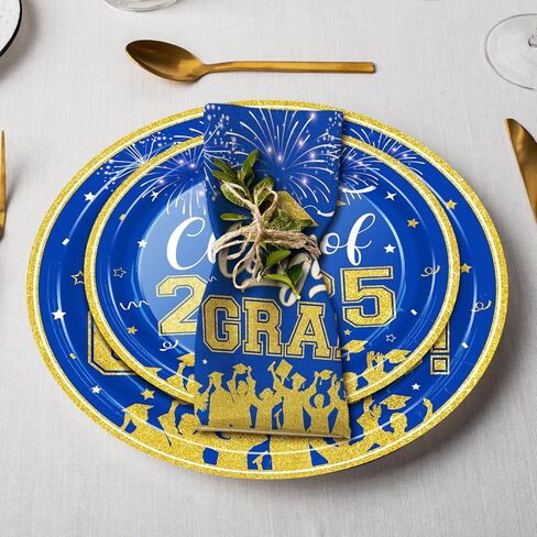 لوحات ومناديل التخرج 2024 ديكورات التخرج فئة 2024 أطباق ورقية فضية زرقاء مناديل كوكتيل للتهاني، ديكورات حفلات التخرج للاستعمال مرة واحدة تخدم 50 من لوازم حفلات التخرج in Kuwait