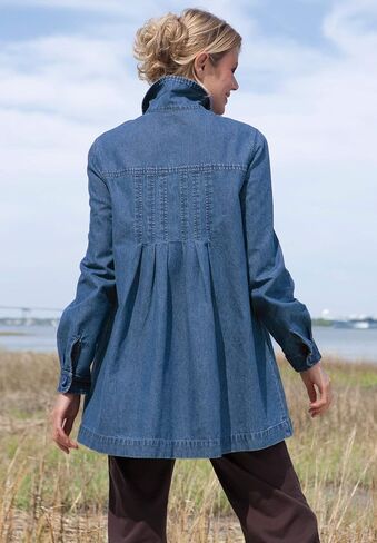 Woman Within Plus Size Pleat-Back Denim Jacket Long Oversized Jean Coat in Saudi Arabia
