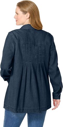Woman Within Plus Size Pleat-Back Denim Jacket Long Oversized Jean Coat in Saudi Arabia