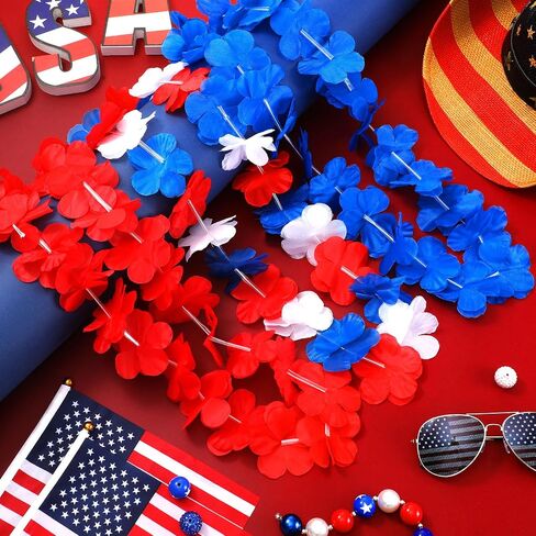 150 Pcs Red White and Blue Leis 4th of July Leis Memorial Day Flower Leis Patriotic Leis Independence Day Necklace Bulk for Red White and Blue Party Supplies Patriotic Party Decorations in Saudi Arabia