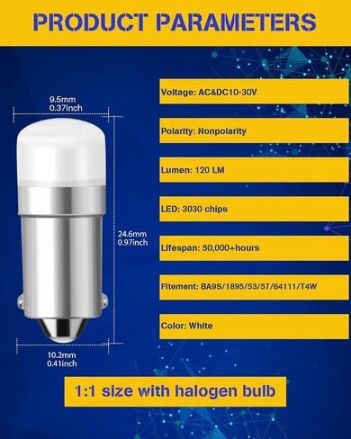 BA9S LED LED WHITE ، 12-24V NONPOLARITY 1895 53 57 LED CAR BULB للسيارة الداخلية قبة خريطة لوحة القفازات مصباح قفاز ، شاشة Bingo لوح ، ضوء القطار ، المصباح الكهربائي للمنزل (8 أجزاء) in Kuwait