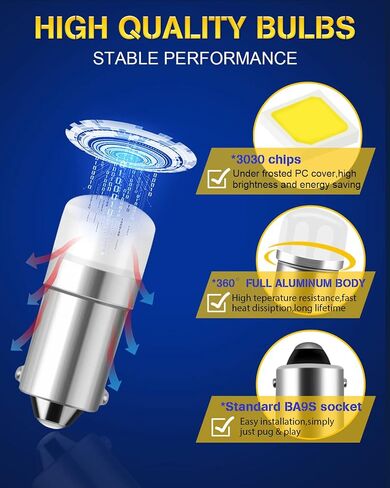 BA9S LED LED WHITE ، 12-24V NONPOLARITY 1895 53 57 LED CAR BULB للسيارة الداخلية قبة خريطة لوحة القفازات مصباح قفاز ، شاشة Bingo لوح ، ضوء القطار ، المصباح الكهربائي للمنزل (8 أجزاء) in Kuwait