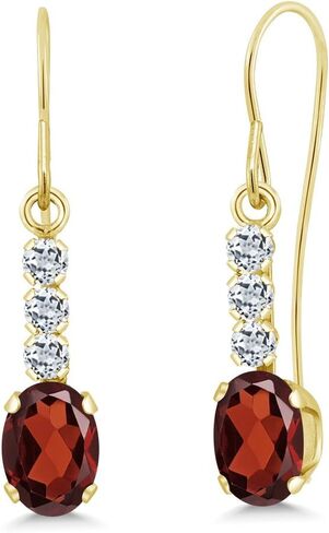 Gem Stone King 10K Yellow Gold Red Garnet and White Topaz Drop Dangle Earrings For Women (1.34 Cttw, Gemstone January Birthstone, Oval 6X4MM) in Saudi Arabia