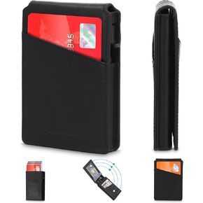 Wallet for Men - Genuine Leather RFID Blocking Wallet, Mens Minimalist Wallet, Slim Compact Wallet with ID Window, Smart Pop Up Card Wallet, Metal Aluminum Credit Card Holder Bifold Wallet (Black) in Saudi Arabia