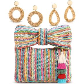 Abbylike 4 Pcs Bow Straw Clutch Purses Sets for Women Summer Handbags with Charm and 2 Boho Earrings for Travel in Kuwait