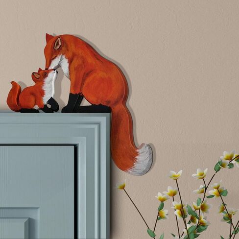 Mama and Baby Fox Door Topper Adorable Fox Shape Statue Door Corner Sculpture for Handcrafted Wood Decor Sign, Creative Wooden Art Figurine Ornament for Garden Living Room Bedroom Office (Baby+Mama) in Kuwait