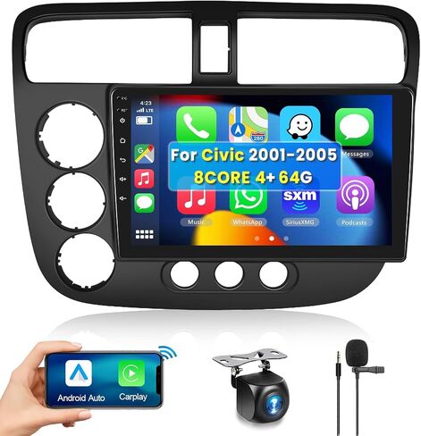 راديو سيارة 8 CORE 4G+64G لسيارة Honda Civic 2001-2005 مع Apple CarPlay/Android Auto، Podofo 9 بوصة 1280 * 720P IPS شاشة لمس ستيريو Android 13 GPS WiFi Bluetooth DSP SWC + كاميرا احتياطية عالية الدقة in Saudi Arabia