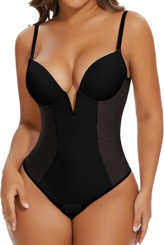 SHAPERIN Women's Deep V Neck Backless Body Shaper Bra Faja Plunge Low Back Thong Shapewear Tummy Control Bodysuit in Kuwait