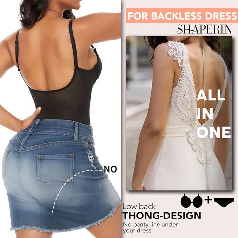 SHAPERIN Women's Deep V Neck Backless Body Shaper Bra Faja Plunge Low Back Thong Shapewear Tummy Control Bodysuit in Kuwait