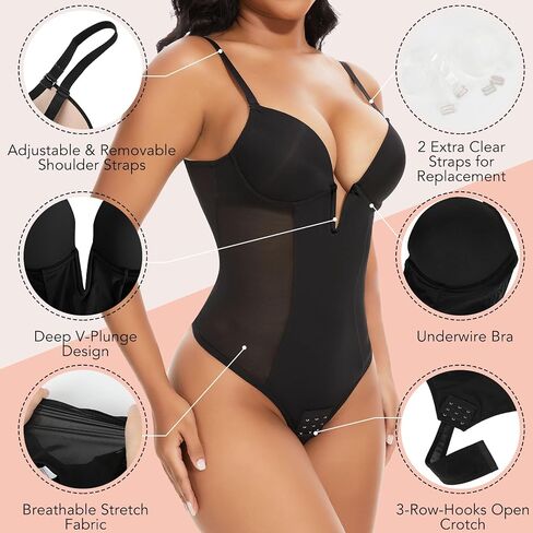 SHAPERIN Women's Deep V Neck Backless Body Shaper Bra Faja Plunge Low Back Thong Shapewear Tummy Control Bodysuit in Kuwait