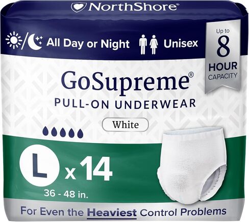 NorthShore GoSupreme Overnight Incontinence Underwear, 8-Hour Pullup Style, Large, 14 Count Bag, White, 36-48 inches, Unisex Adult Diapers in Kuwait