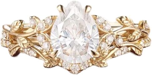 خاتم الخطوبة في خمر الحديد مويسانيت للنساء 925 الفضة 10K الطبيعة المستوحاة من الورقة المحفورة يدويًا مصنوعة يدويًا خاتم الزفاف مع فرقة الزفاف المكدسة in Kuwait