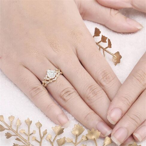 خاتم الخطوبة في خمر الحديد مويسانيت للنساء 925 الفضة 10K الطبيعة المستوحاة من الورقة المحفورة يدويًا مصنوعة يدويًا خاتم الزفاف مع فرقة الزفاف المكدسة in Kuwait