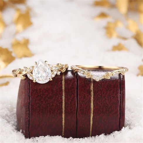 خاتم الخطوبة في خمر الحديد مويسانيت للنساء 925 الفضة 10K الطبيعة المستوحاة من الورقة المحفورة يدويًا مصنوعة يدويًا خاتم الزفاف مع فرقة الزفاف المكدسة in Kuwait