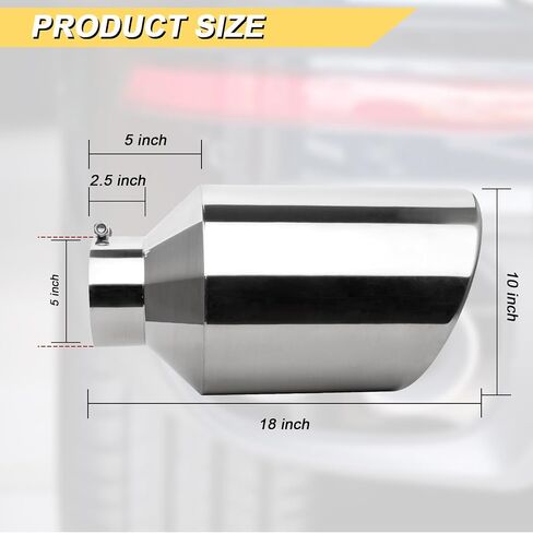 طرف عادم مدخل 5 بوصة ، 10 "مخرج 18" طول إجمالي أنبوب العادم من الفولاذ المقاوم للصدأ ، الترباس ، حافة مدفوقة ، قطع زاوية أنيقة مائلة ، أنبوب مصقول ، فضي in Saudi Arabia