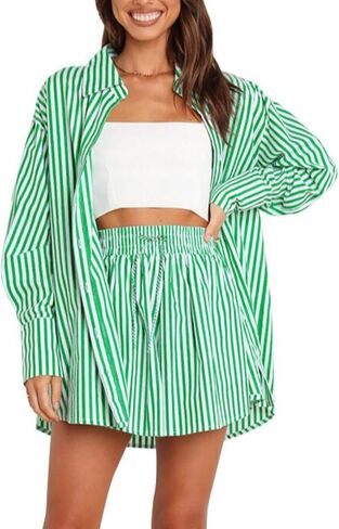 زر Yoeasy Women's Women Long Sleeve Button Down Down و Thight Cerantring Squarting اثنين من قطعتين مجموعة ملابس صغيرة فضفاض in Saudi Arabia
