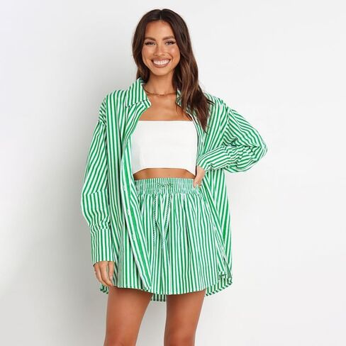 زر Yoeasy Women's Women Long Sleeve Button Down Down و Thight Cerantring Squarting اثنين من قطعتين مجموعة ملابس صغيرة فضفاض in Saudi Arabia