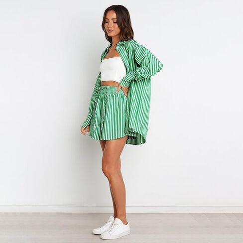 زر Yoeasy Women's Women Long Sleeve Button Down Down و Thight Cerantring Squarting اثنين من قطعتين مجموعة ملابس صغيرة فضفاض in Saudi Arabia