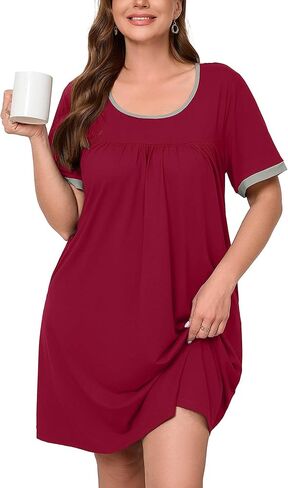 AusLook Plus Size Women's Nightgown Short Sleeve Sleep Dress Sleepwear Sleepshirts Pleated Scoopneck Nightshirt 1X-5X in Saudi Arabia