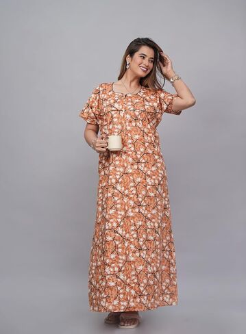 Indian Nighty For Women – Soft Cotton Long Maxi Gown, Comfy Sleepwear & Nightwear With Side Pocket in Saudi Arabia
