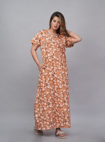 Indian Nighty For Women – Soft Cotton Long Maxi Gown, Comfy Sleepwear & Nightwear With Side Pocket in Saudi Arabia