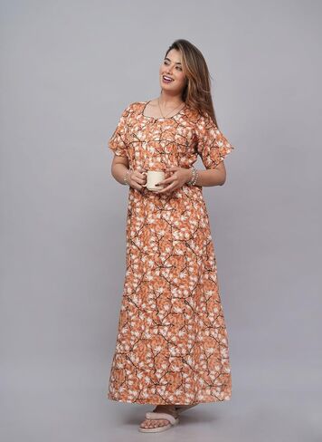 Indian Nighty For Women – Soft Cotton Long Maxi Gown, Comfy Sleepwear & Nightwear With Side Pocket in Saudi Arabia