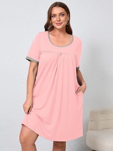 AusLook Plus Size Women's Nightgown Short Sleeve Sleep Dress Sleepwear Sleepshirts Pleated Scoopneck Nightshirt 1X-5X in Saudi Arabia