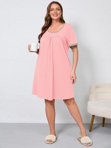 AusLook Plus Size Women's Nightgown Short Sleeve Sleep Dress Sleepwear Sleepshirts Pleated Scoopneck Nightshirt 1X-5X in Saudi Arabia