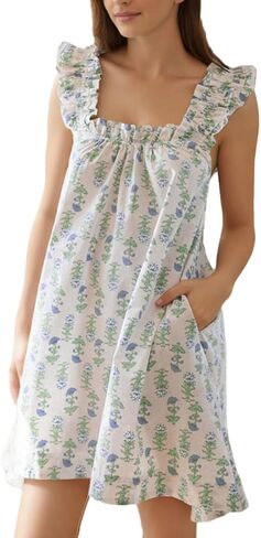 Womens Ruffle Sleeveless Nightgowns Soft Cute Printed Sleep Dress Comfy Lightweight Sleepwear in Kuwait
