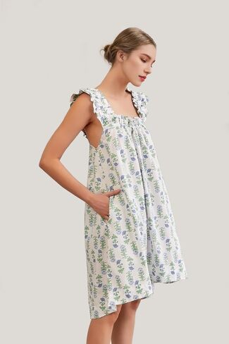 Womens Ruffle Sleeveless Nightgowns Soft Cute Printed Sleep Dress Comfy Lightweight Sleepwear in Kuwait