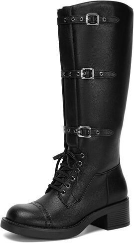 Athlefit Women's Knee High Boots Wide Calf Buckle Riding Boots Square Toe Lace Up Chunky Low Heel Booties in Saudi Arabia