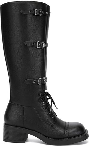 Athlefit Women's Knee High Boots Wide Calf Buckle Riding Boots Square Toe Lace Up Chunky Low Heel Booties in Saudi Arabia
