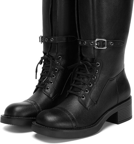 Athlefit Women's Knee High Boots Wide Calf Buckle Riding Boots Square Toe Lace Up Chunky Low Heel Booties in Saudi Arabia