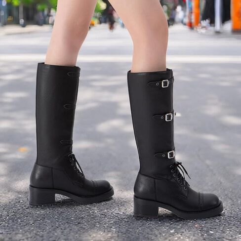Athlefit Women's Knee High Boots Wide Calf Buckle Riding Boots Square Toe Lace Up Chunky Low Heel Booties in Saudi Arabia