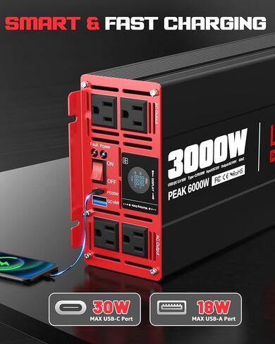 1500 Watt Power Inverter DC 12V to AC 110/120V with Dual Outlets USB-C 30W USB-QC 18W Fast Car Charger Adapter for Vehicles Home RV Car Truck Off-Grid Solar System Converter in Saudi Arabia