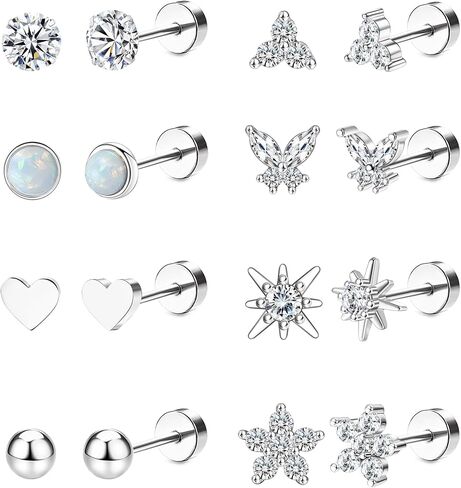 Staligue Flat Back Earrings for Women Men Ball CZ Opal Flower Butterfly 20G Hypoallergenic Surgical Steel Earrings for Sensitive Ears Small Cartilage Earring Set for Multiple Piercing in Saudi Arabia