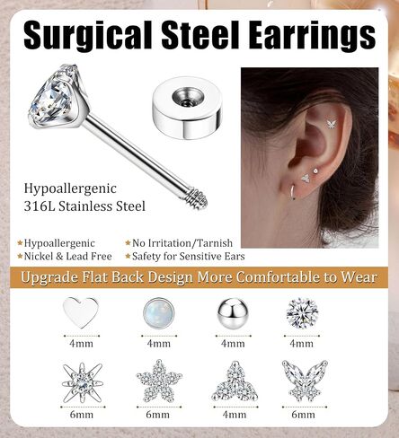 Staligue Flat Back Earrings for Women Men Ball CZ Opal Flower Butterfly 20G Hypoallergenic Surgical Steel Earrings for Sensitive Ears Small Cartilage Earring Set for Multiple Piercing in Saudi Arabia