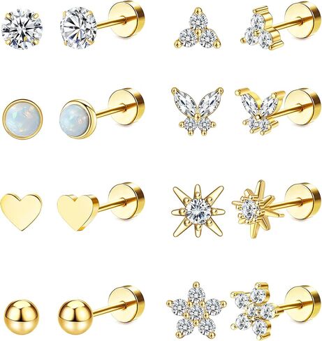Staligue Flat Back Earrings for Women Men Ball CZ Opal Flower Butterfly 20G Hypoallergenic Surgical Steel Earrings for Sensitive Ears Small Cartilage Earring Set for Multiple Piercing in Saudi Arabia