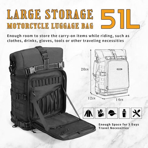 دراجة نارية Sissy Bar Bag Bag Backrest Luggage Bag 51L Lackpack Duffle Gear للقيام بجولة في رحلة التخييم في الهواء الطلق مع Raincover وحزام كتف واحد ، أسود in Kuwait