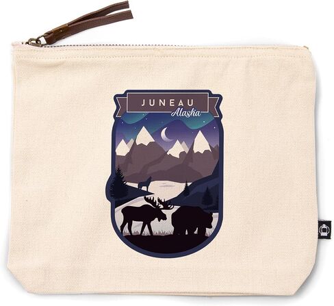Lantern Press Juneau ، ألاسكا ، الأضواء الشمالية ، المشهد الليلي ، البقاء برية ، دب وجبل صورة ظلية ، حقيبة سحاب من القطن 100 ٪ ، ملحق السفر ، GO BAG in Saudi Arabia
