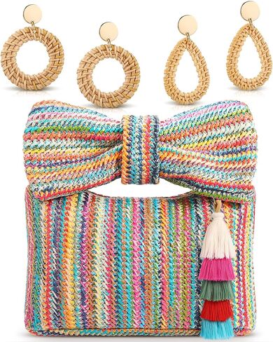 Abbylike 4 Pcs Bow Straw Clutch Purses Sets for Women Summer Handbags with Charm and 2 Boho Earrings for Travel in Saudi Arabia