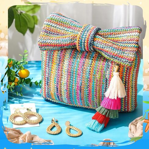 Abbylike 4 Pcs Bow Straw Clutch Purses Sets for Women Summer Handbags with Charm and 2 Boho Earrings for Travel in Saudi Arabia