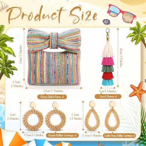 Abbylike 4 Pcs Bow Straw Clutch Purses Sets for Women Summer Handbags with Charm and 2 Boho Earrings for Travel in Saudi Arabia