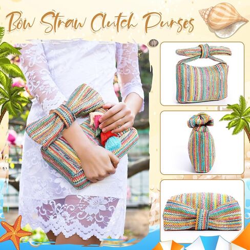 Abbylike 4 Pcs Bow Straw Clutch Purses Sets for Women Summer Handbags with Charm and 2 Boho Earrings for Travel in Saudi Arabia