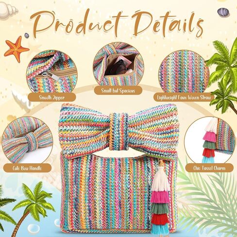 Abbylike 4 Pcs Bow Straw Clutch Purses Sets for Women Summer Handbags with Charm and 2 Boho Earrings for Travel in Saudi Arabia